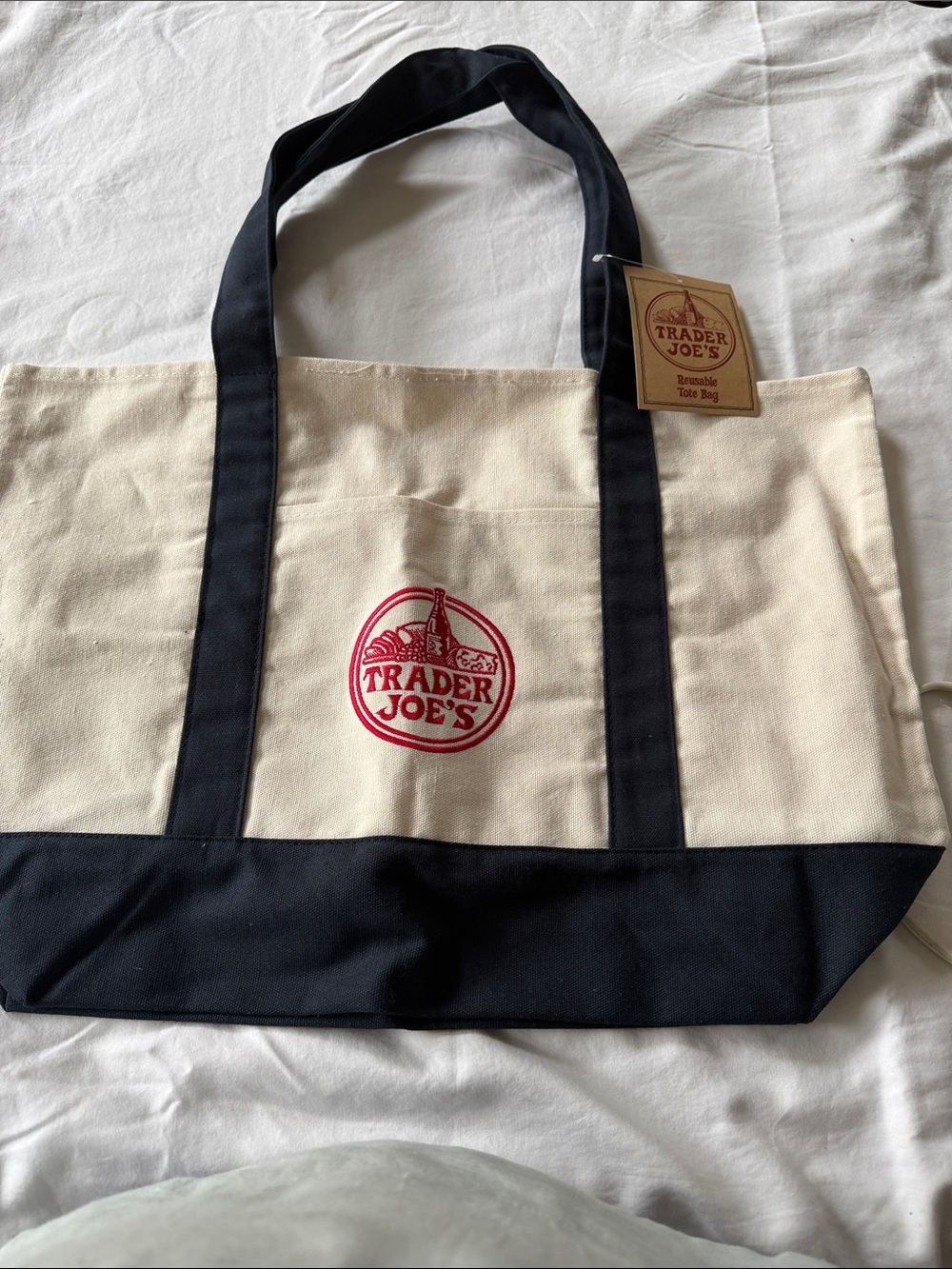 Trader Joe’s Large Canvas Tote Bag in Natural and navy blue